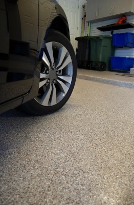 Garage floor coated with a car